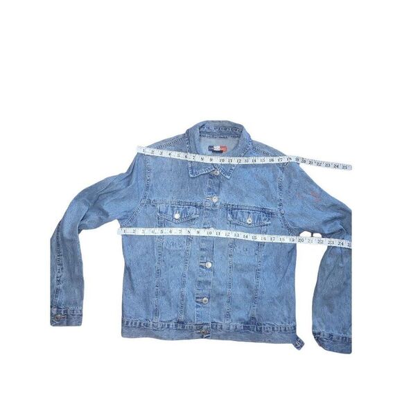 French Cuff Denim Embroidered Jacket Women Sz L Big Graphic Casual Boho - Picture 4 of 6